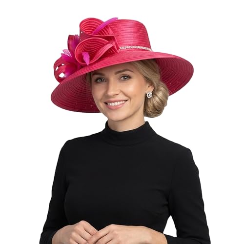 Women Derby Church Dress Wide Brim Hat, 1920s Vintage Feather Rhinestone Tea Party Wedding Cloche Bowler Hat - color: Rose
