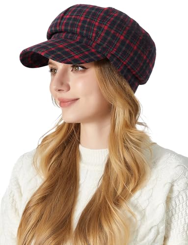 FEOYA Women Newsboy Hat Plaid Cabbie Caps Cotton Casual Stylish Beret Cap Paperboy Hats - color: Plaid-red