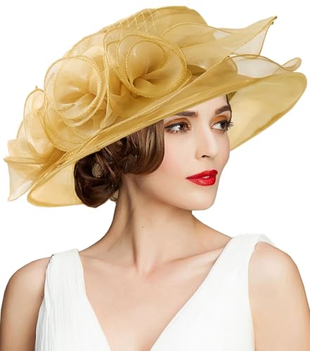 Women's Kentucky Derby Church Dress Hat Wide Brim Leaf Flower Bridal Shower Hat - color: A1 Gold