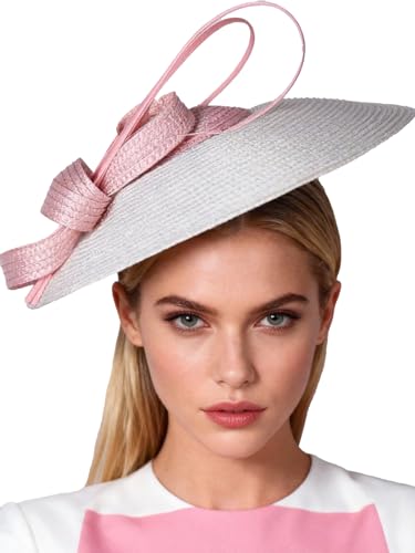 Vintage Fascinators Pillbox Hat for Women Straw Fedora Wide Brim Ladies Church Sinamay Derby Hats - color: Pink White