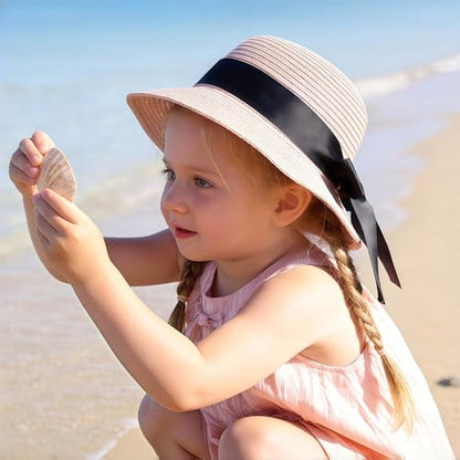 Zsedrut Women,Little Girls Straw Sun Hat Summer Beach Cap Foldable Visor Floppy Hats Wide Brim with Bowknot - color: Pink, size: 2-4T
