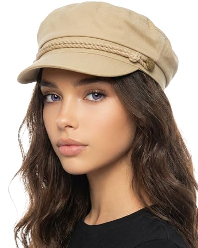 Funky Junque Greek Fisherman Newsboy Cap, Cotton Captains Bakerboy Hat - color: Khaki