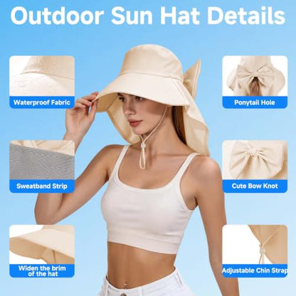 Womens Ponytail Hole Sun Hat with Neck Flap Outdoor UPF 50+ - color: Oatmeal