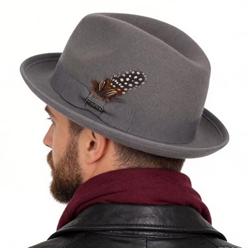 FORBUSITE Wool Felt Wide Brim Fedora Hats for Women Men - color: B5070-lm-grey, size: Large
