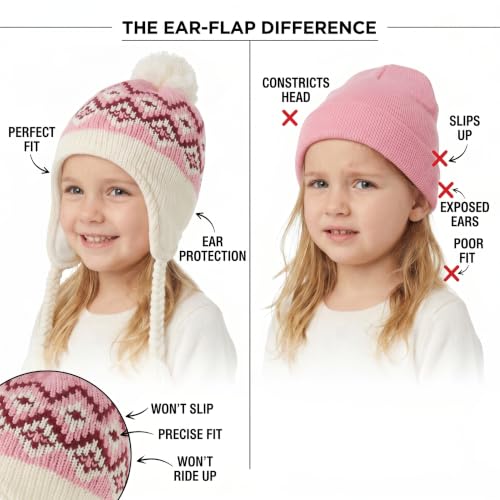 Moon Kitty Girls Knit Hats Winter Fleece Lining Skiing Winter Caps with Warm Ear Flap - color: Dusty Rose, size: 3-5T