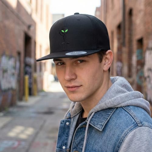 Custom Flat Brim Snapback Cap-Alien Peace Sign and Symbol - color: Black Design Only