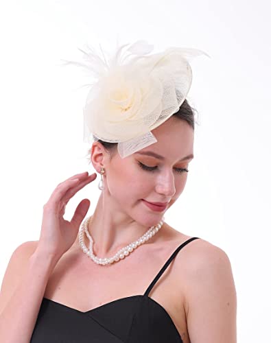 Fascinator Hat with Feather and Mesh – Floral Headpiece for Tea Party, Wedding, Cocktail Event - color: Beige