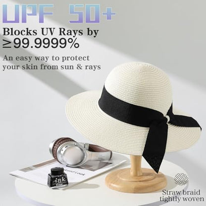 Beach Sun Straw Hats for Women, UPF 50+ UV Sun Protection Summer Straw Hat - color: A-white