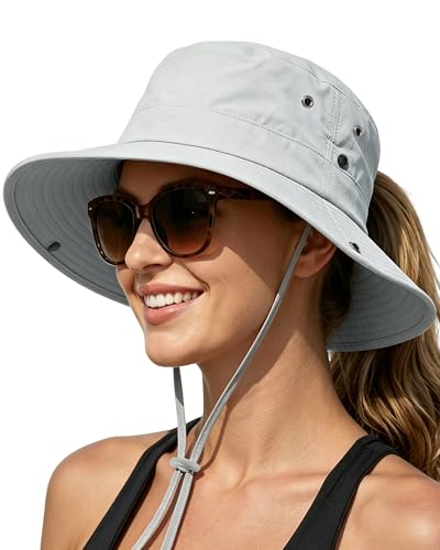 Women Sun Hat with Ponytail Hole Wide Brim Bucket Sun Protection for Summer - color: Grey