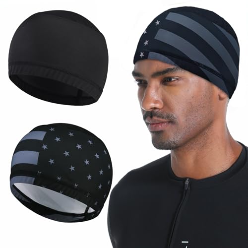 Cooling Skull Caps for Men Hard Hat Helmet Liner Cycling Cap Running Beanie - color: 2pcs（black+us Flag Gray)