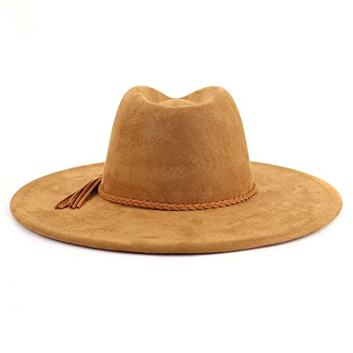 LIDHAY Big Wide Brim Fedora Hats for Women Men Western Suede Hat Large Felt Panama Hat Rancher Hat - color: Khaki