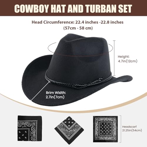 Classic Western Cowboy Hat, Unisex Felt Cowboy hat with Wide Brim and Band, Ideal for Rodeos, Costume Parties, Outdoor Wear - color: Black3