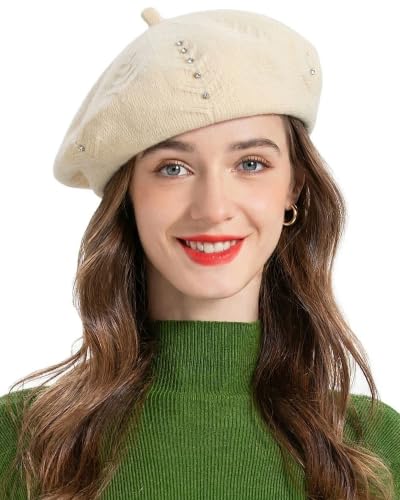 ZLYC Women French Beret Hat Reversible Solid Color Knit Warm Artist Cap - color: Rhinestones Beige