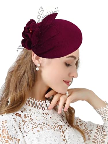 ORIDOOR British Style Pillbox Hat Women Church Wedding Winter Vintage Fascinator Beret 100% Wool Felt Hat with Veil - color: Wine