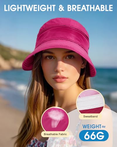Century Star Sun Hat for Women Wide Brim Zip-Off Beach Hat Visor Ponytail UV Protection Summer Visors - color: Rose Red