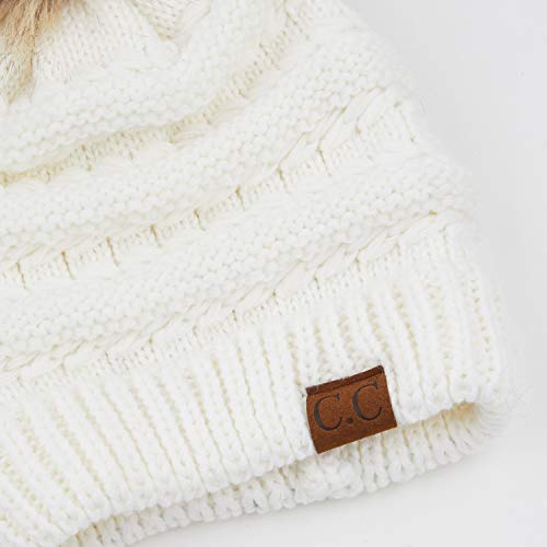 C.C Hatsandscarf Exclusives Unisex Solid Ribbed Beanie with Pom (HAT-43) - color: A Ivory-tilted Stitch