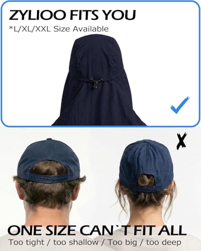 Zylioo XXL Sun Hat for Big Heads, Neck Flap Fishing Cap - color: Navy Blue, size: X-Large-XX-Large