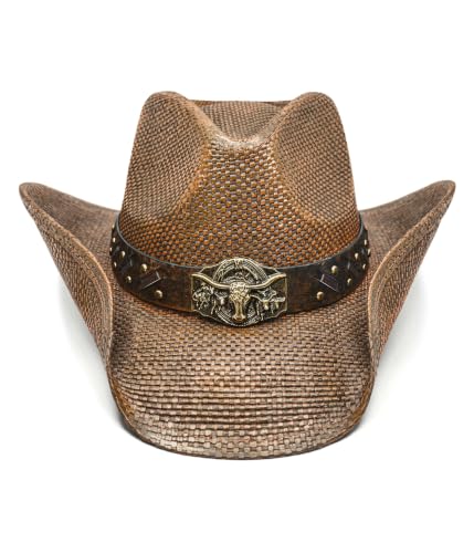 FLUFFY SENSE. Cowboy Hats for Women and Men - Distressed Straw Western Hat with Shapeable Brim for Cowboys and Cowgirls - color: Rustic Brown