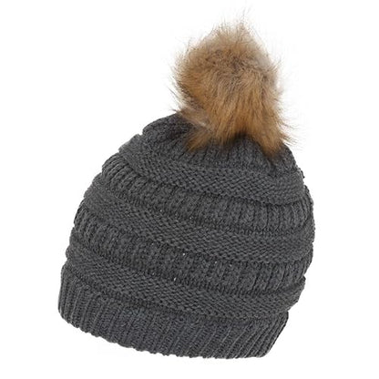 Gravity Threads Cable Knit Faux Fur Pom Pom Beanie Hat - color: Dark Melange Grey