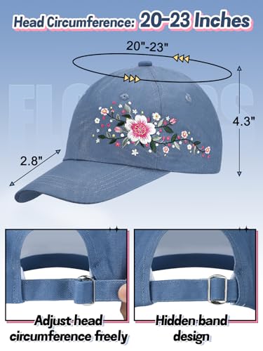 Trendy Handmade Embroidered Baseball Cap for Girls Women, Vintage Wash - style: Floral(dark Blue)