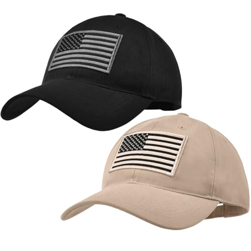 2 Pack American Flag Hats, Patriotic Adjustable Baseball Caps, Low Profile USA Dad Hats for Men Women Daily Wear - color: Black ＆ Khaki