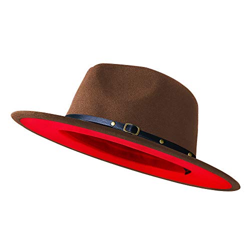 Wide Brim Fedora Hats for Women Men Two Tone Dress Hat Felt Panama Hat in Two Audlt Size - color: Coffee & Red, size: Large-X-Large