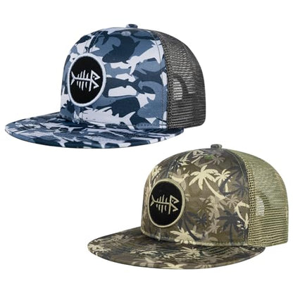 BASSDASH 2 Pack Flat Brim Trucker Cap Adjustable Snapback Hat Mesh Back for Men Women Fishing Hunting - color: Pack of 2, Shark Camo & Palm Tree Camo