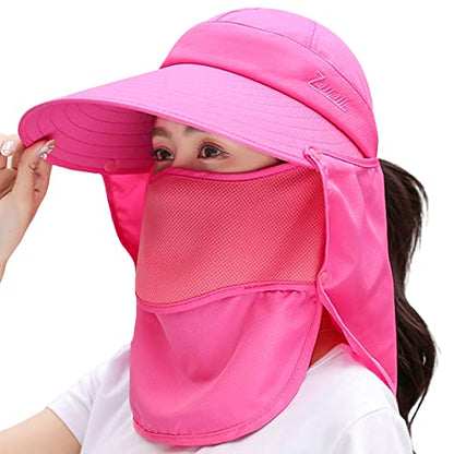 Women Wide Brim Face Mask Sun Hat Detachable Neck Face Flap Ponytail UV Protection Visor Hat Garden Fishing Hiking - color: A7-shun005-meihong