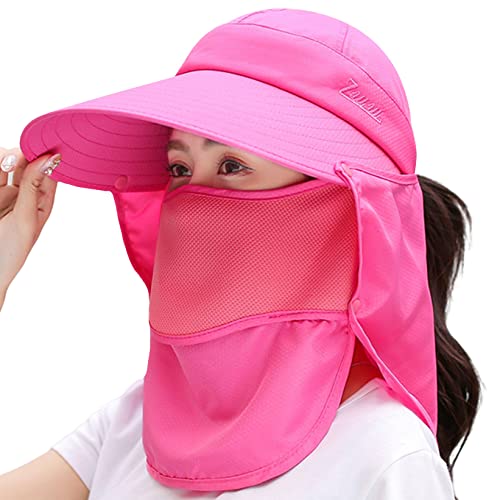 Women Wide Brim Face Mask Sun Hat Detachable Neck Face Flap Ponytail UV Protection Visor Hat Garden Fishing Hiking - color: A7-shun005-meihong