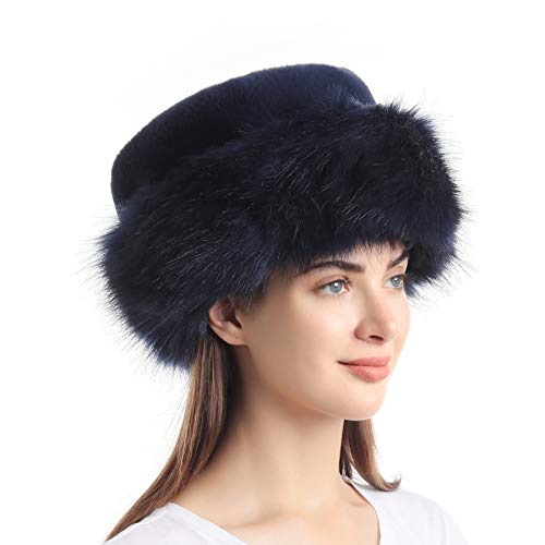 sy soul young Women's Leopard Faux Fur Hats Fluffy Bucket Hat Russian Style - color: Navy