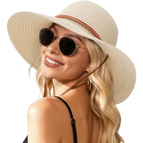 Tavaleu Beach Sun Straw Hat Wide Brim UV Protection for Women Foldable - color: Beige