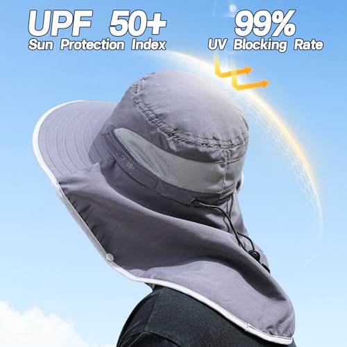 UPF 50+ Sun Hats for Men Women, Wide Brim & Face Neck Flap Fishing Hat, UV Protection Summer Hat for Fishing Hiking Outdoor - color: Dark Gray