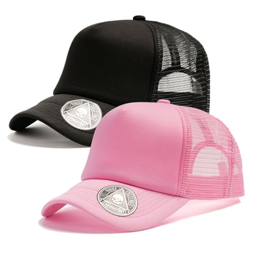 2-Pack Classic Foam Trucker Hat Summer Mesh Hat Lightweight Adjustable Back Buckle Strap - color: Black/Pink