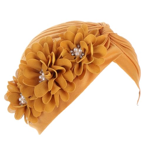 Flower Pre-Tied Turban Beanie, Soft Chemo Cap for Women Cancer Hair Loss - color: Yellow