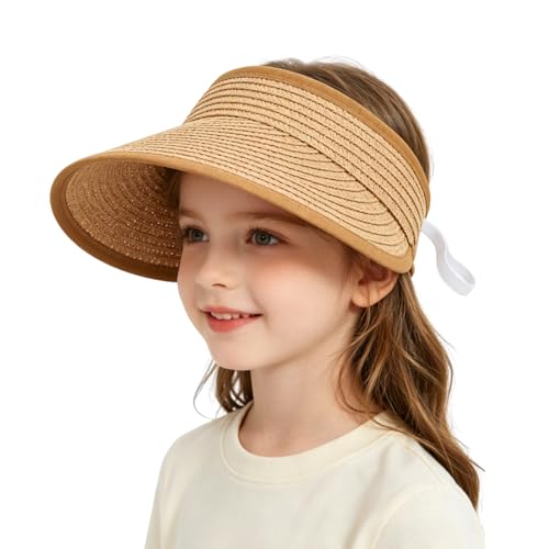 Straw Sun Visor Hat for Girls Boys Foldable Beach Hat for Kids Summer Travel Outdoor Khaki