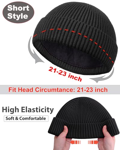 Short Fisherman Beanie for Men Women Wool Fleece Lined Winter Hat - color: 1pcs-black