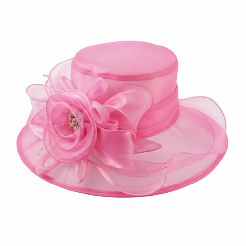 DRESHOW Women Organza Hat Church Cap Hats Clearance Kentucky Derby Cocktail Tea Party Wedding Flower Hat with Wide Brim - color: Flower Hat: Pink