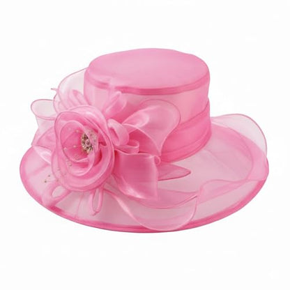 DRESHOW Women Organza Hat Church Cap Hats Clearance Kentucky Derby Cocktail Tea Party Wedding Flower Hat with Wide Brim - color: Flower Hat: Pink