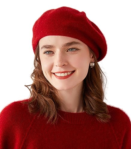 Cashmere Berets Beanie Hats Women Winter Warm Merino Wool Fashion Knit Cap - color: Red