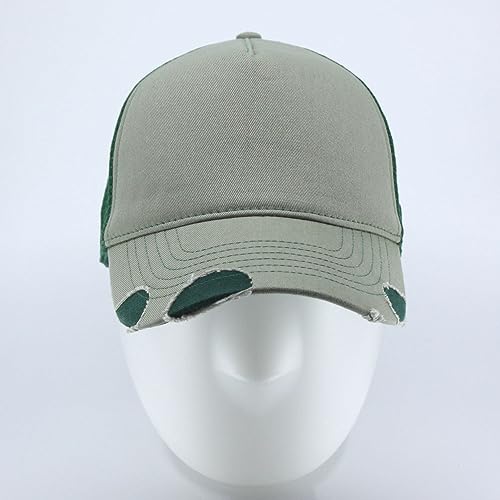 The Vintage Year Plain Cotton Structured Mesh Adjustable Trucker Sports Baseball Cap - color: Distressed Olive Green/Dark Green