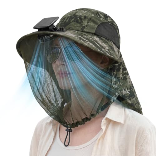 Short Brim Sun Hat with Solar Fan & Face Net Mask for Men Women UPF 50+ Neck Flap for Garden Outdoor Fishing Beach Essential - color: Navy Green