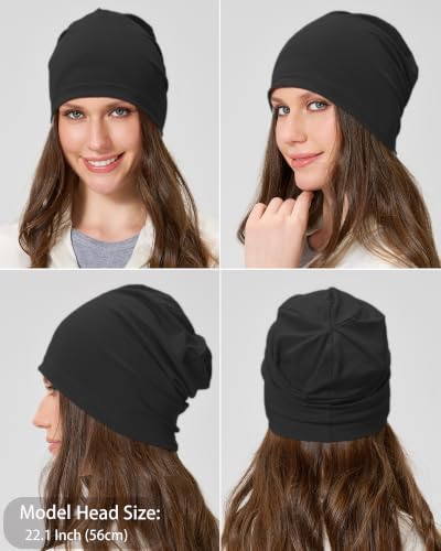 ROYBENS 100% Cotton Thin Slouchy Beanie Hat Women Men Lightweight Chemo Cap - color: 2pcs Black+dark Grey