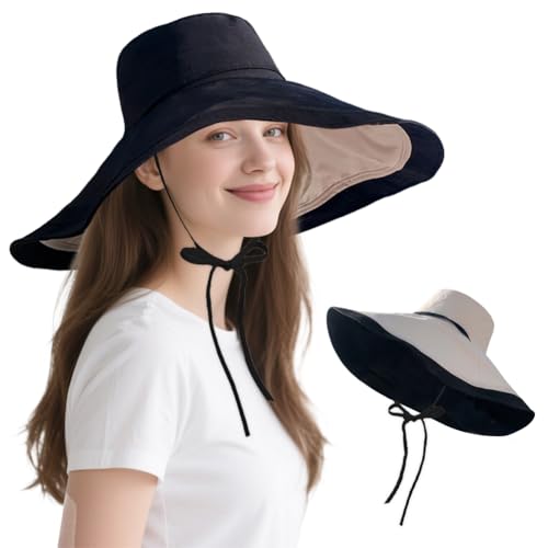 VIOKKO Large Brim Sun Hat for Women - 6.9" Wide-Brim Packable Reversible UV Protection Beach Bucket Cap - color: Black