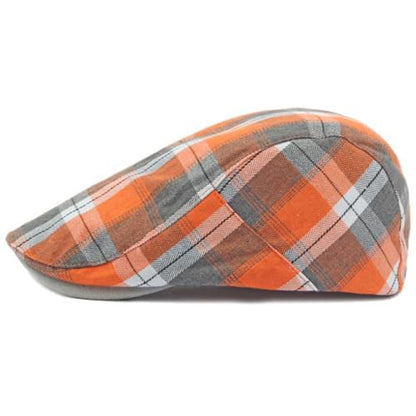 Mens Plaid Newsboy Flat Cap Ivy Gatsby Driving Hunting Cabbie Hat - color: Orange-plaid a
