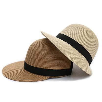 Summer Visor Hats for Women Foldable Floppy Solid Color Straw Sun Hat Travel Beach Baseball Cap - color: Beige