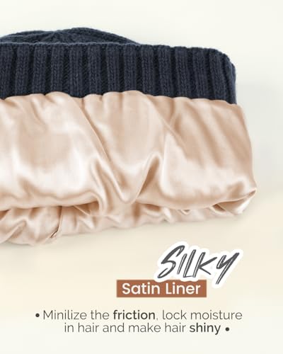 Hat Hut Wool Beanie Satin Lined Winter Hats Slouchy Beanie with Silk Lining Warm Wool Knit Ski Hat Cuffed Cap Women Men - color: Navy Blue
