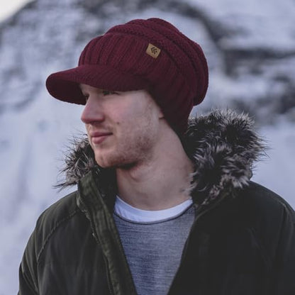 Women Men Winter Beanie Hat with Visor, Warm Fleece Lined Beanie Cap, Thick Knit Cap Slouchy Hat with Brim - color: Dark Red