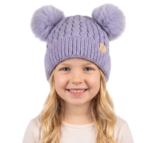 C.C Kids' Cable Knit Double Pom Beanie for Kids - Comfortable Soft Warm Children Skully Hat with Pom - color: Matching Faux Fur Pom Lavender