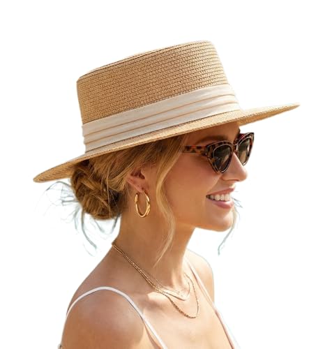 Straw Sun Hats for Women Summer Beach Wide Brim Boater Hat Fashion Travel Vacation Fedora Panama UPF 50+ - color: Khaki Beige