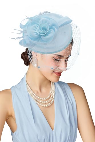 BABEYOND Fascinators Hats for Women Flower Veil Feather Pillbox Derby Hat - color: Light Blue